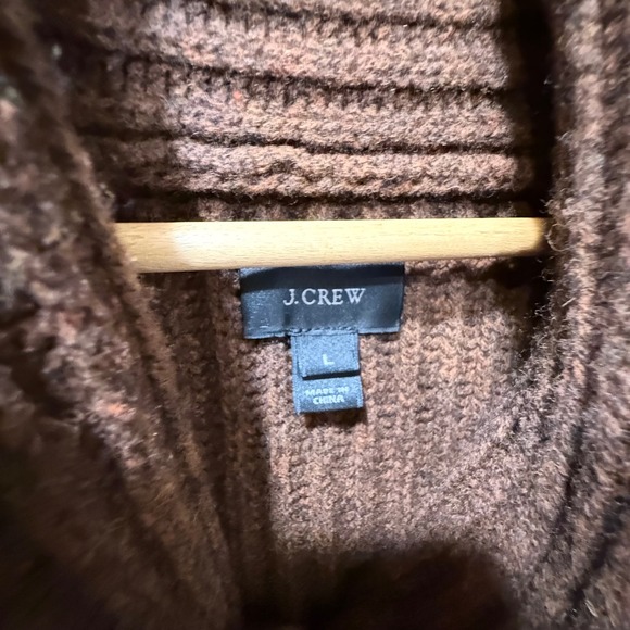 J Crew Lambswool Shawl Cardigan Mens L Brown Leather Elbow Patches Dark Academia - Picture 5 of 10